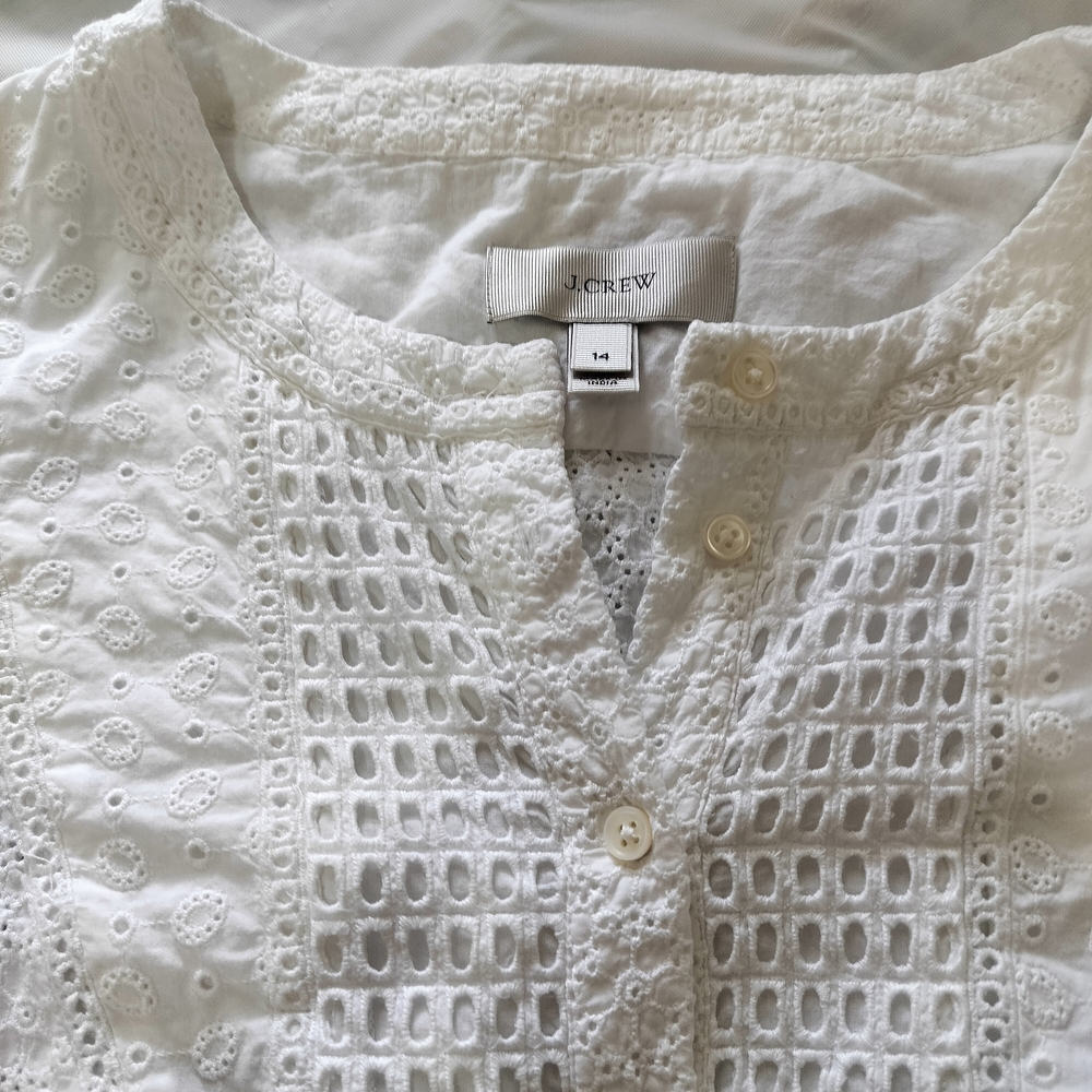 J.Crew White Eyelet Short Sleeve Blouse Size 14 Boho Cottage - Picture 4 of 7